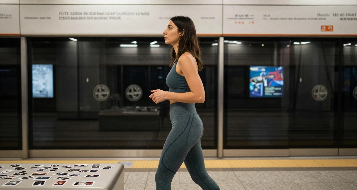A dreamy Female From Ankara Türkiye, holds a degree in international trade in their 24, walking briskly with purpose and focus, wearing a sporty athleisure look, looking out the window in a subway platform.