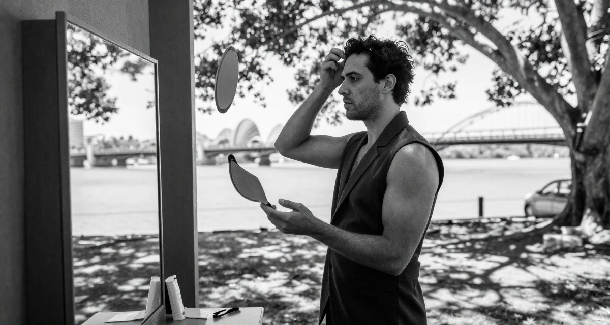 A pensive male From Australia, studied event management in their 24, juggling edits, shoots, and a boss who texts on weekends, wearing a sleeveless blazer dress showing toned arms, adjusting a hairpin in a vanity mirror.