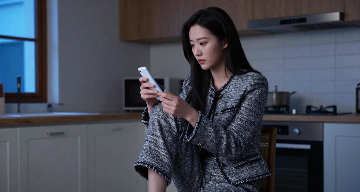 A unbothered Female Once a junior marketing intern, now a full-time creator in their 25, adjusting to newfound independence, wearing a classic chanel style tweed suit, examining a product in a rustic kitchen.