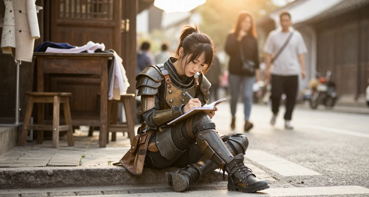 A determined Female From Suzhou China, grew up in a family tailoring business, learning costume craft in their 22, planning monthly photoshoots on a tight budget, wearing a biopunk organic armor suit, writing in a notebook in a busy crosswalk.