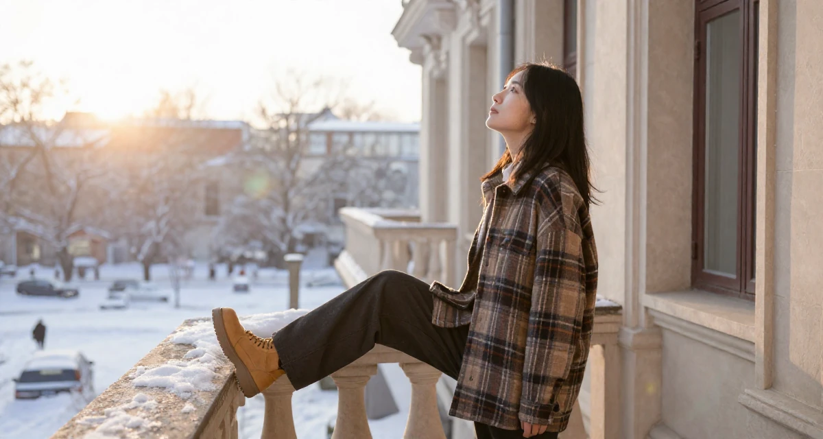 A resilient Female From China, majored in journalism in their 24, hitting creative block but needing income anyway, wearing a cozy oversized flannel, gazing at the sky in a opera house balcony.