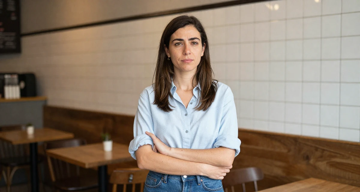 A humble Female From Spain, majored in public relations and advertising in their 57, balancing health issues and work, wearing a modern casual lifestyle wear, rolling up sleeves in a cozy café.