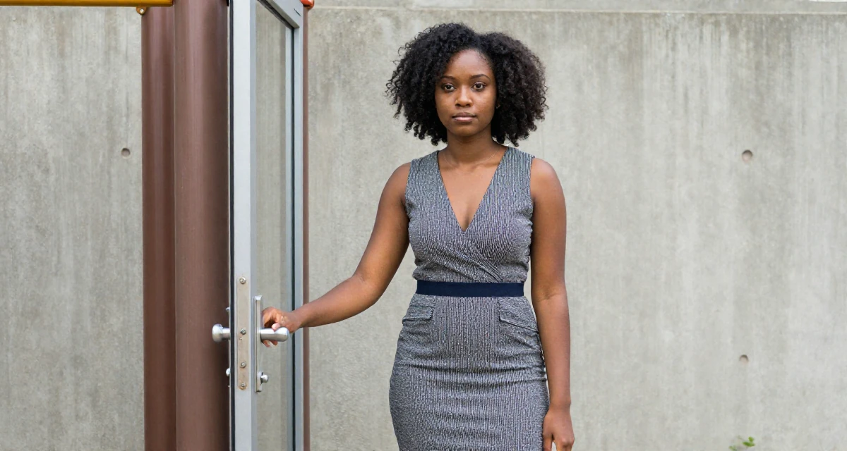 A thoughtfully silent Female From Bahamas, studied finance and banking in their 25, managing tight budgets as a student, wearing a sophisticated midi dress, opening a door in a school playground.