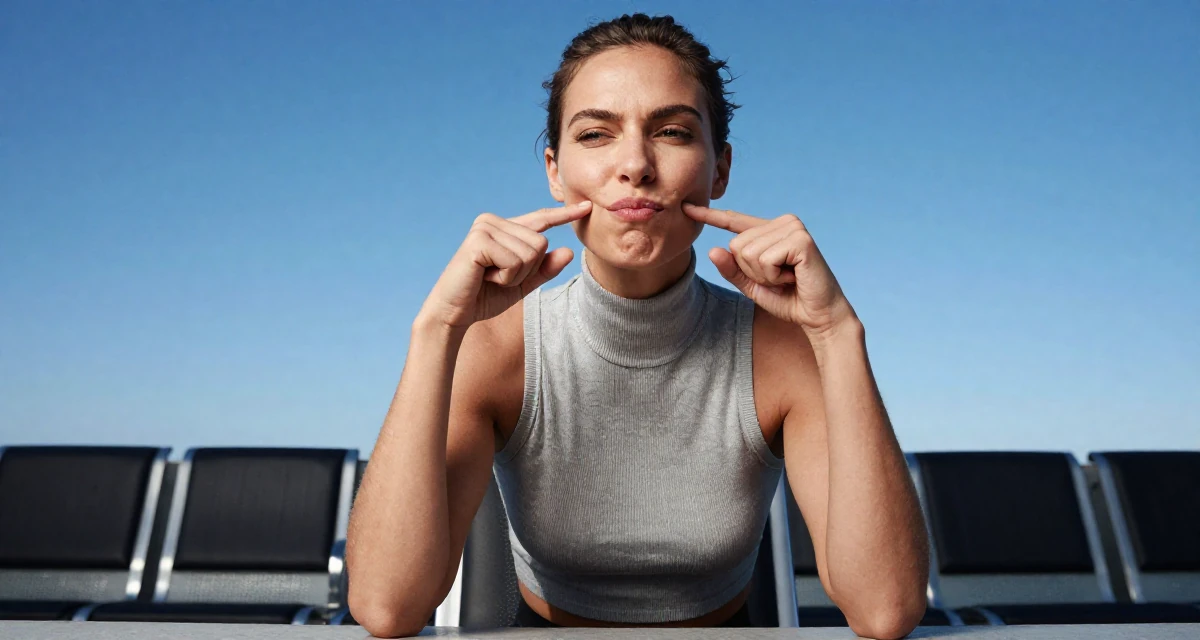 A playful Female From Denmark, majored in furniture design in their 32, focusing on health and longevity habits, wearing a high-neck sleeveless crop top showing toned arms, cracking knuckles in a waiting room.