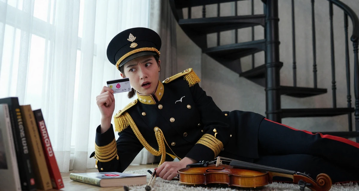 A anxious but excited Female Once a violin student, now sharing aesthetic performance clips in their 25, considering expanding into TikTok or Reddit promo, wearing a imperial officer uniform with a peaked cap, holding a subway card in a cozy reading nook by a window.