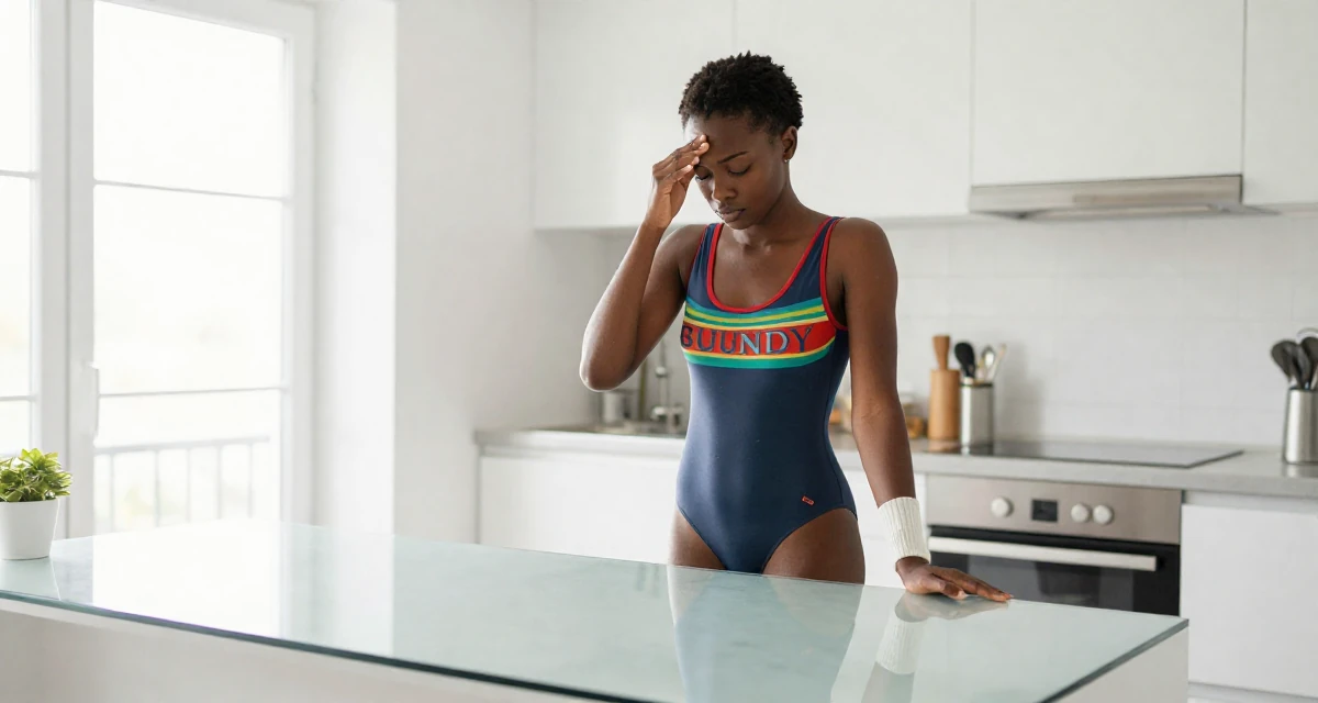 A bashful Female From Burundi, studied business accounting in their 24, observing peers’ progress and feeling comparison pressure, wearing a retro 80s workout leotard and leg warmers, resting a hand on the forehead in a sunlit kitchen island.