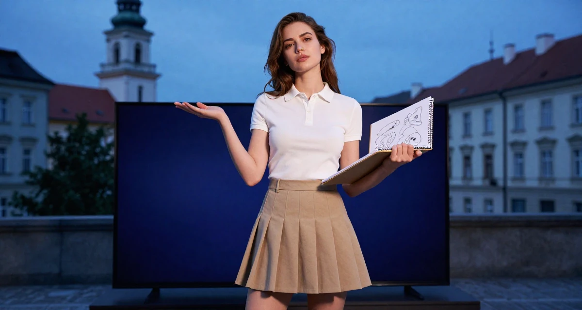 A carefree Female From Brno Czech Republic, trained in alternative fashion styling in their 22, romanticizing the struggle of city living, wearing a short pleated skirt and a tight polo shirt, sketching on a pad in a tv set.
