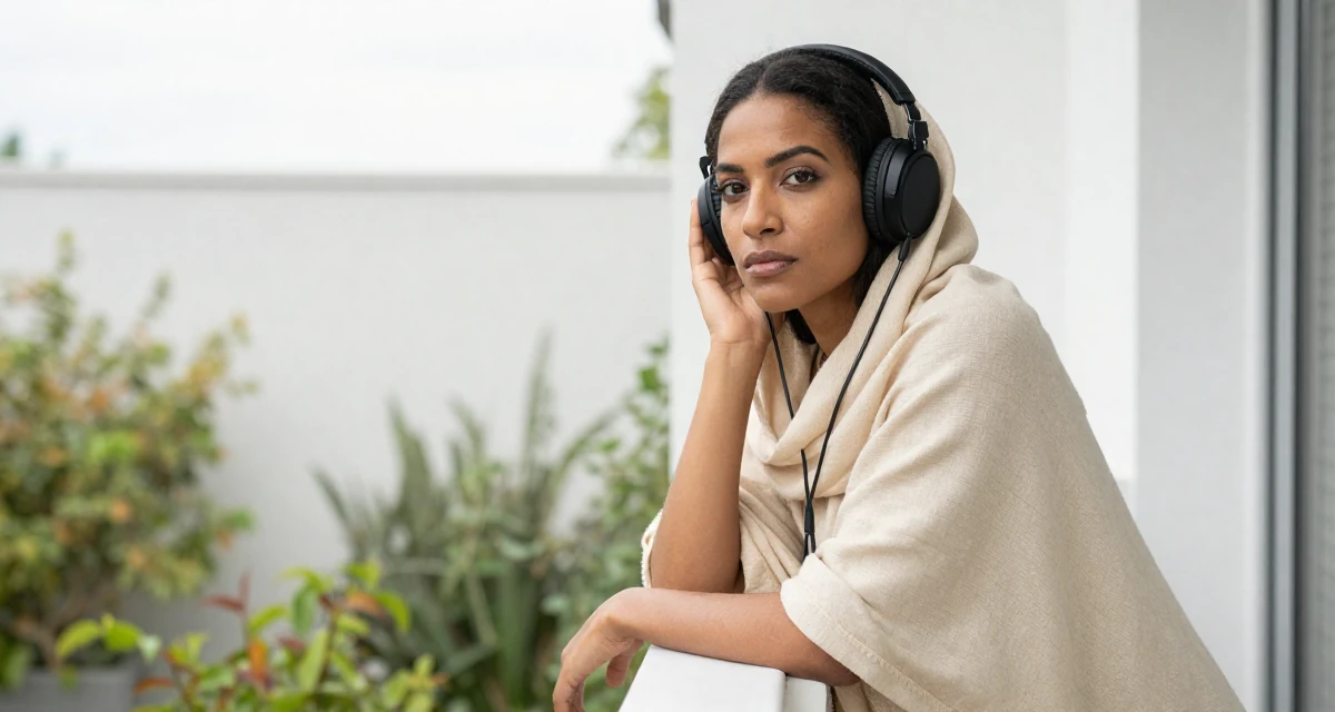 A proud Female From UK, studied criminology in their 29, refusing to settle for mediocrity, wearing a desert nomad wrap outfit with a face veil, listening to music with headphones in a garden patio.
