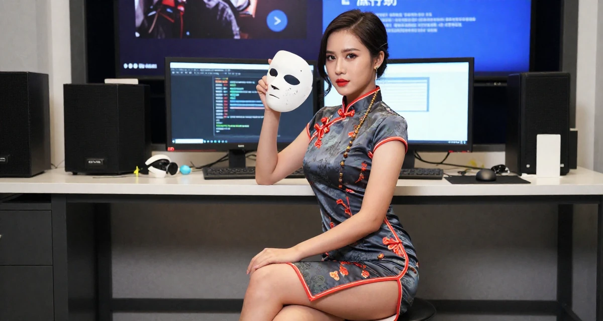 A proud and dignified Female From Vietnam, based in Nha Trang, graduated from a media school majoring in soft-romantic content direction in their 23, realizing content creation requires real discipline, wearing a Chinese qipao (cheongsam) modified with a high slit, holding a mask (cosplay/prop) in a tv set.