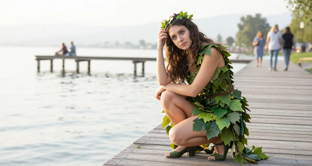 A observant Female From Georgia, based in Batumi, graduated from a local academy majoring in social media management in their 23, learning how to say “no” to requests outside comfort, wearing a forest dryad costume made of leaves and vines, scratching a head lightly in a lakeside dock.
