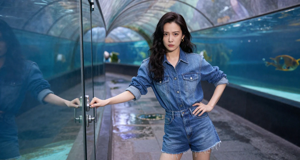 A judgemental Female From Hong Kong, studied digital media arts in their 25, realizing fans respond to confident playful energy, wearing a fashionable denim on denim, opening a door in a aquarium tunnel.