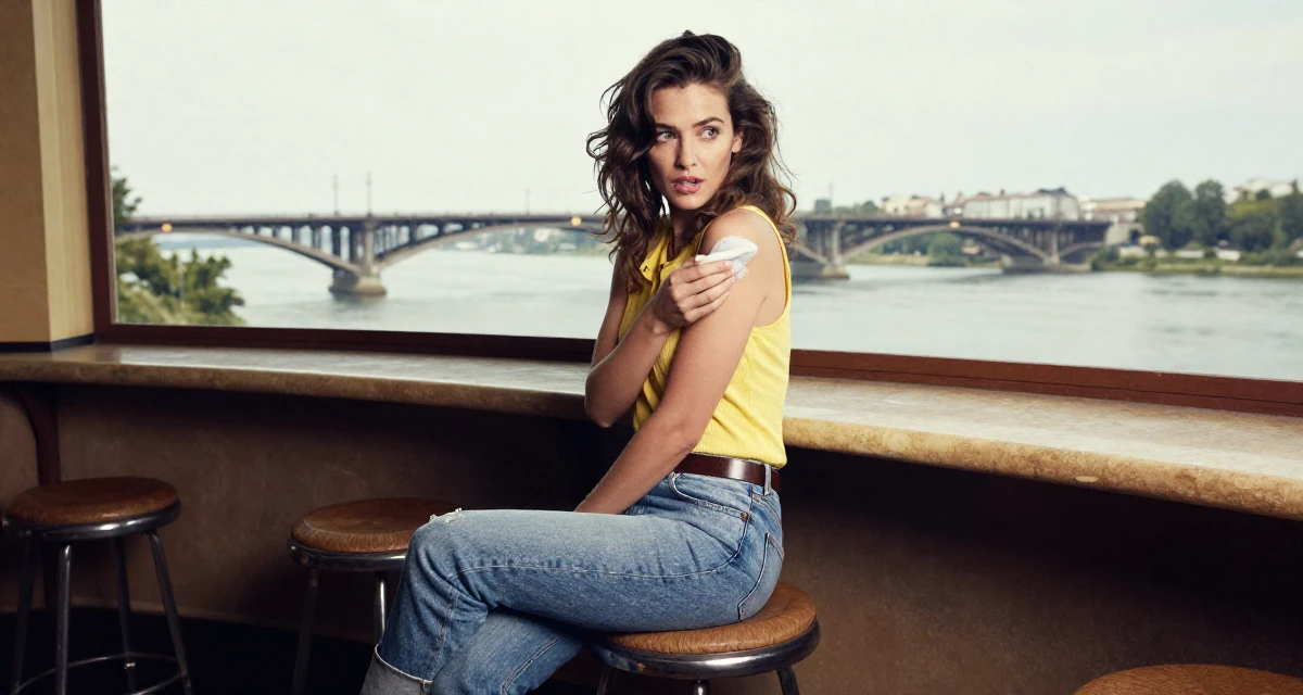 A wild Female Former small-town teacher, now exploring expressive photography in their 25, feeling established in their chosen field, wearing a retro 90s casual vibe, dusting off the shoulder in a opera house balcony.