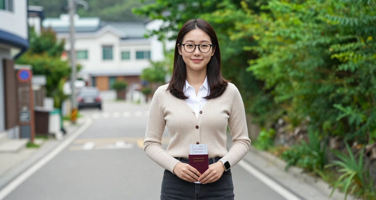 A friendly and approachable Female From South Korea, has a background in cosmetics chemistry in their 25, building a consistent weekly posting schedule, wearing a librarian outfit with glasses and a tight cardigan, holding a passport or ticket in a country road.