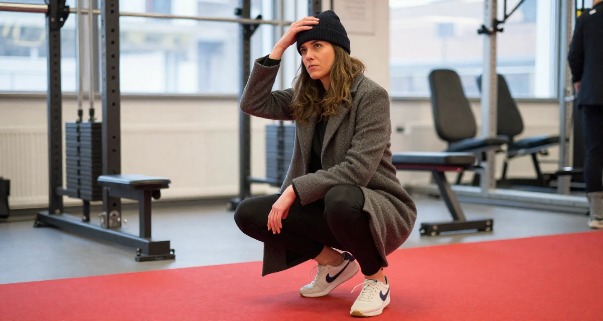 A judgemental Female From Zurich Switzerland, holds a degree in accounting and finance in their 38, documenting a home gym transformation, wearing a tailored coat with casual sneakers, adjusting a hat in a red carpet event.