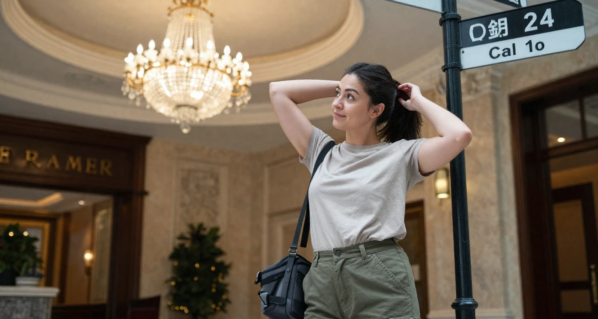 A quietly content Female Once a delivery driver, now a confidence-focused body-positive creator in their 24, planning seasonal or holiday-themed drops, wearing a simple t-shirt and cargo pants, looking at a street sign in a luxury hotel lobby.