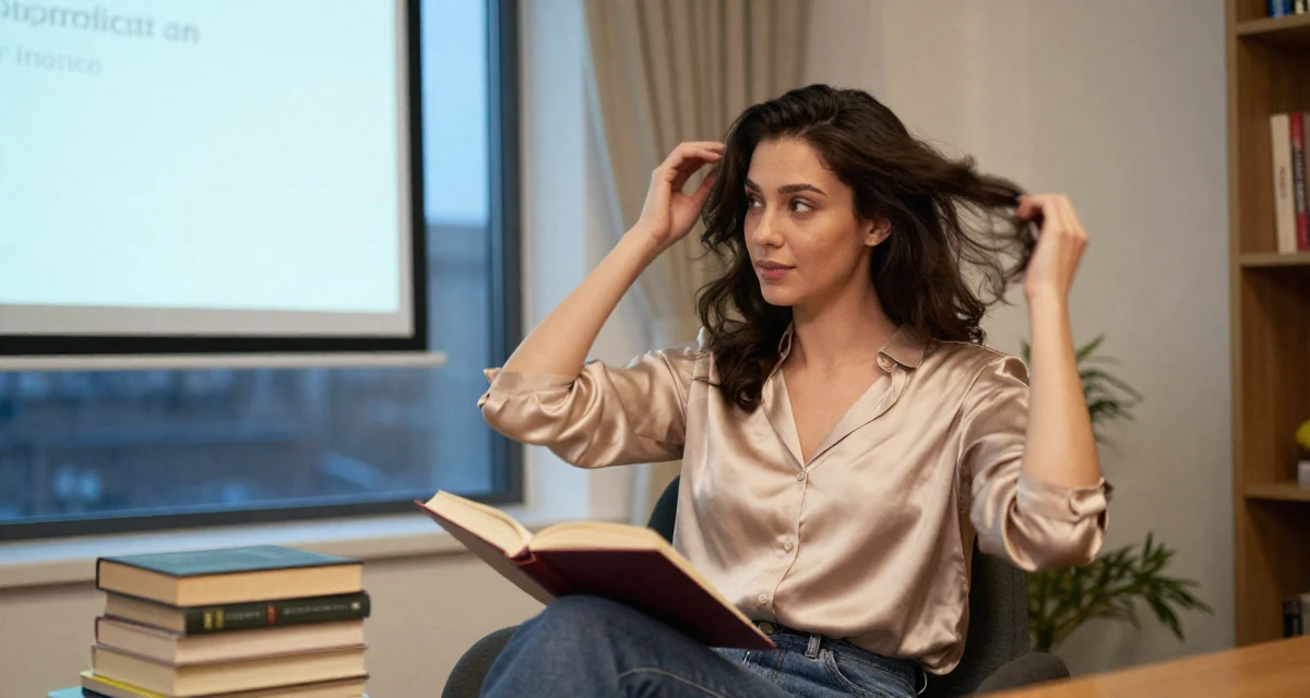 A confident Female Former library assistant, now creating cozy reading-corner aesthetics in their 22, facing early rejection and learning from it, wearing a soft silk blouse and jeans, retouching hair volume in a cozy reading nook by a window.