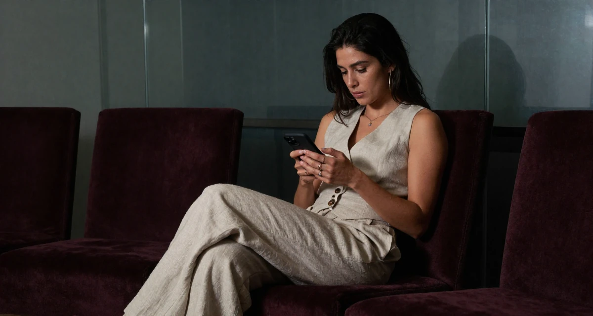 A proud Female From Guadalajara Mexico, trained in swimsuit modeling and runway posing in their 27, questioning long-term sustainability of creator life, wearing a sleeveless vest top and wide-leg linen pants, checking a notification on a phone in a glass-walled conference room.