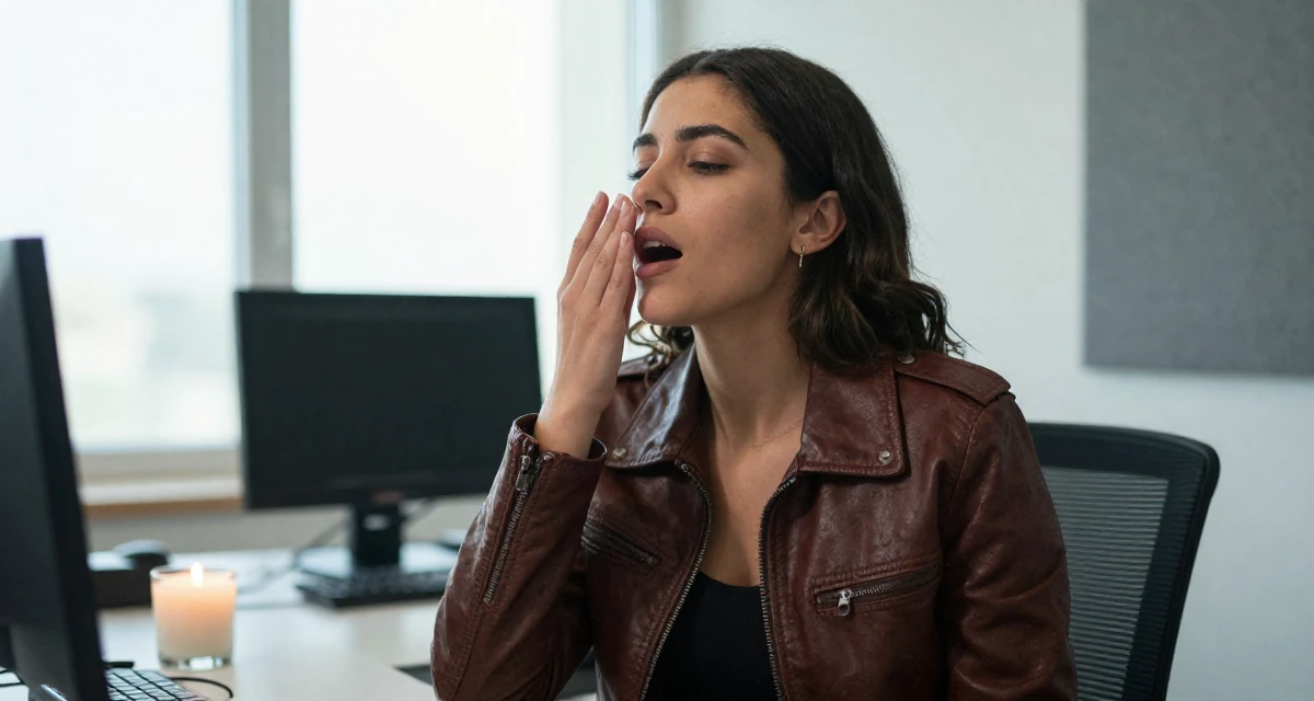 A eager Female From Qatar, majored in media production and editing in their 22, determined to prove their worth quickly, wearing a vintage-inspired leather jacket look, taking a deep breath in a radio station.