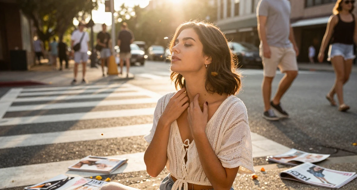 A placid Female From USA, studied marketing and consumer behavior in their 24, experimenting with sultry characters and light roleplay vibes, wearing a breezy summer vacation outfit, catching a falling flower petal in a busy crosswalk.