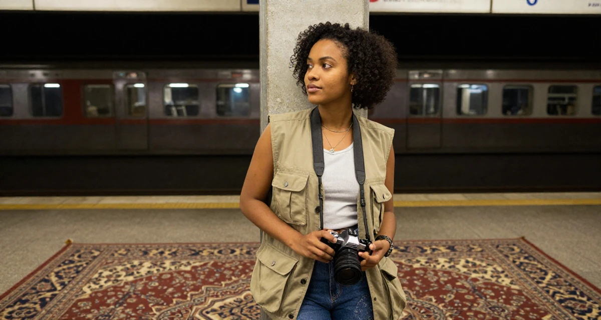 A dreaming Female From Mozambique, studied environmental science in their 21, embracing a carefree bohemian lifestyle, wearing a urban explorer utility vest look, holding a camera in a subway station.