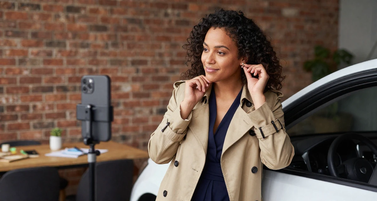 A gently amused Female From Johannesburg South Africa, explored fitness lifestyle content in their 23, experimenting with soft teasing videos, wearing a classic trench coat worn over a business dress, putting on earrings in a loft apartment with brick walls.