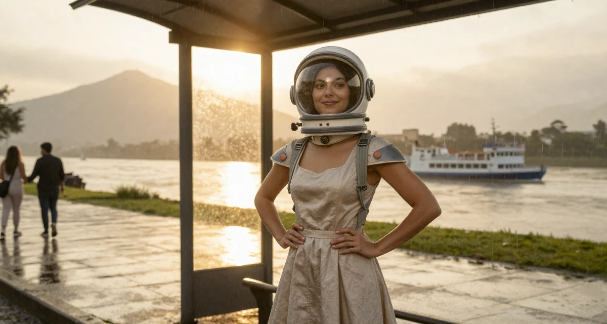 A smiling gently Female From Peru, studied hospitality and tourism management in their 28, leading a small team for the first time, wearing a retro sci-fi space girl outfit with a bubble helmet, smoothing down a dress in a bus stop in the rain.