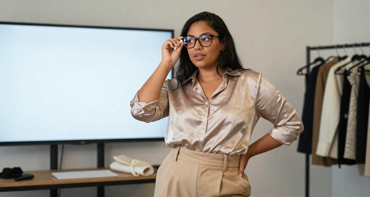 A vibrant Female Once a delivery driver, now a confidence-focused body-positive creator in their 25, feeling empowered posting subtly provocative looks, wearing a high-waisted beige trousers and a tucked-in satin blouse, cleaning glasses with a cloth in a fashion design studio.