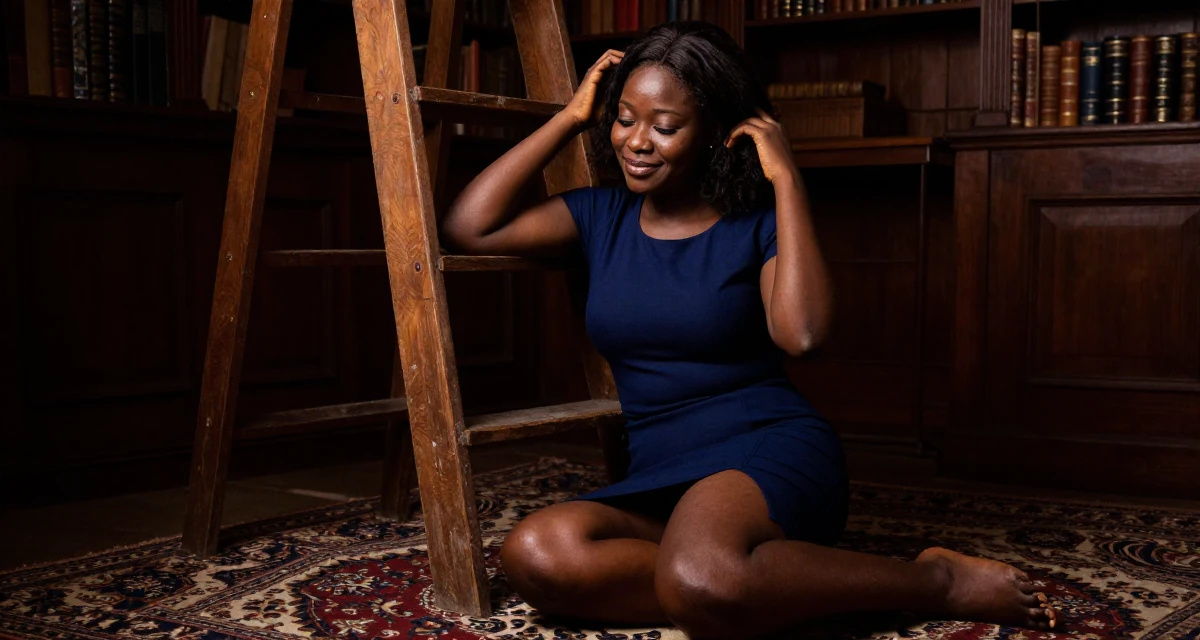 A judgemental Female From Lagos Nigeria, majored in digital marketing in their 25, smiling gently with a secret inner peace, wearing a navy blue pencil skirt with a back slit, running fingers through hair in a old library with wooden ladders.