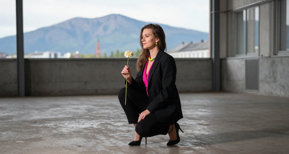 A composed Female From Estonia, based in Tartu, graduated from a state university majoring in digital culture in their 24, curating an elegant–sexy creator identity, wearing a pop of color accessory look, holding a single flower in a industrial warehouse.