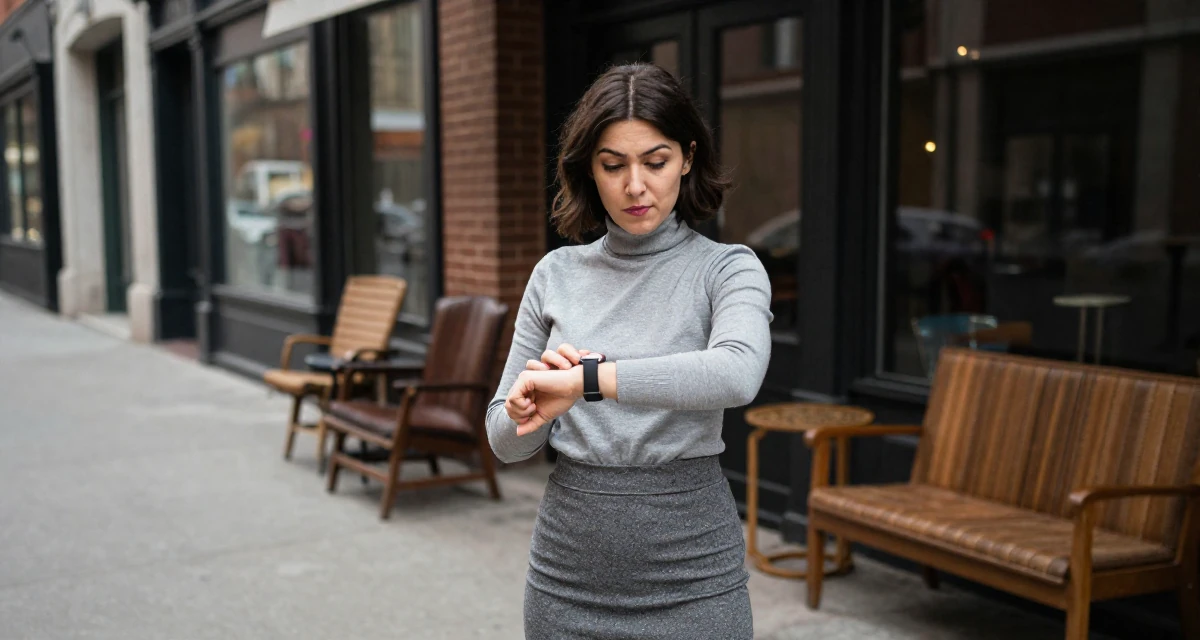 A whimsical Female Once a junior bar worker, now a nightlife-themed creator in their 23, experimenting with playful facial expressions, wearing a fitted turtleneck and skirt, checking a wristwatch in a city sidewalk.