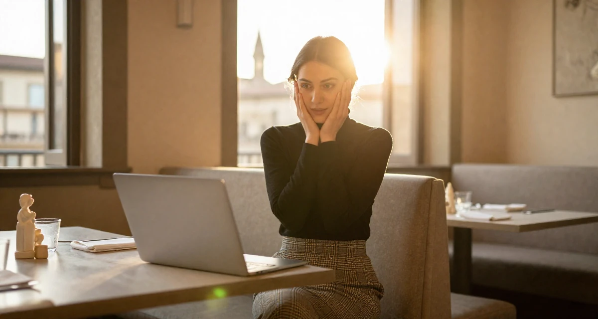 A innocent Female From Florence Italy, majored in sculpture arts in their 36, building a community for working moms, wearing a classic black turtleneck tucked into a plaid midi skirt, scrolling casually in a restaurant booth.