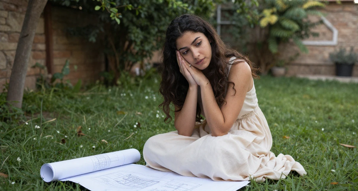 A ambitious Female From Alexandria Egypt, practiced creative self-portraiture in their 25, coping with homesickness during first year away, wearing a flowing maxi skirt and top, playing with a ring on a finger in a backyard garden.