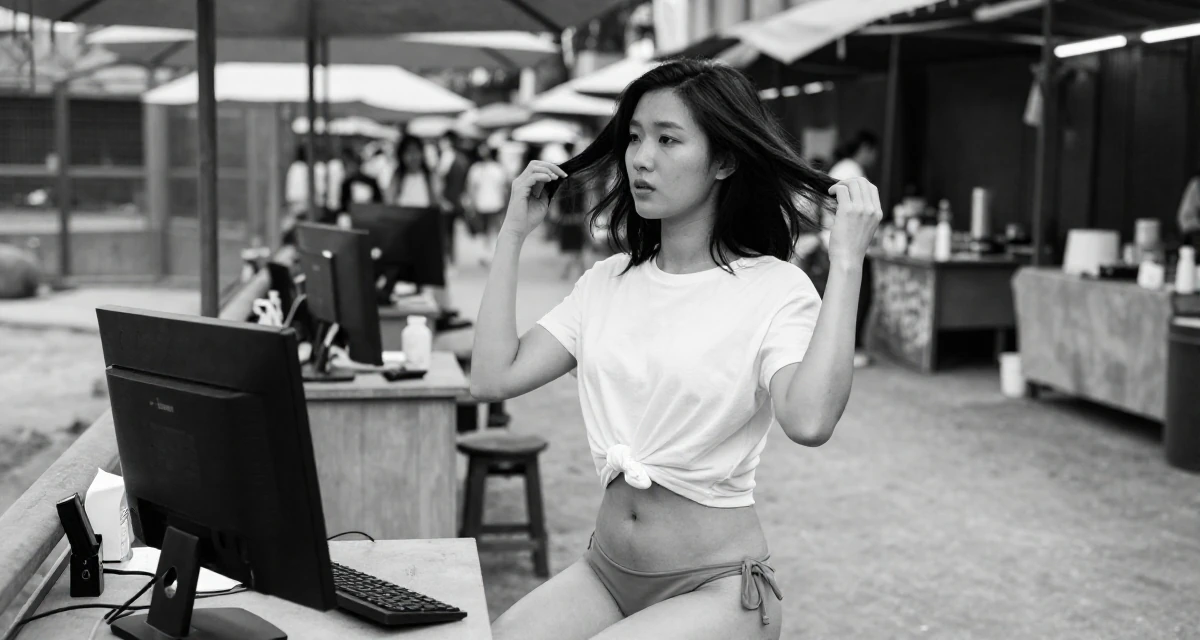A expectant Female From China, studied computer graphics in their 25, treating sensual content as art, not pressure, wearing a classic white t-shirt knotted at the front and bikini bottoms, fixing a loose strand of hair in a zoo enclosure path.