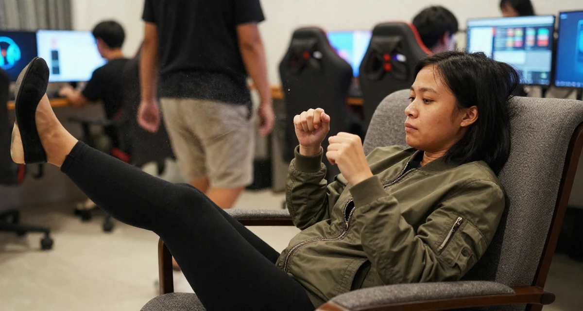 A mellow Female From Penang Malaysia, studied UI/UX design in their 39, creating a cozy and safe sanctuary at home, wearing a classic bomber jacket style, kicking up dust playfully in a gaming room.