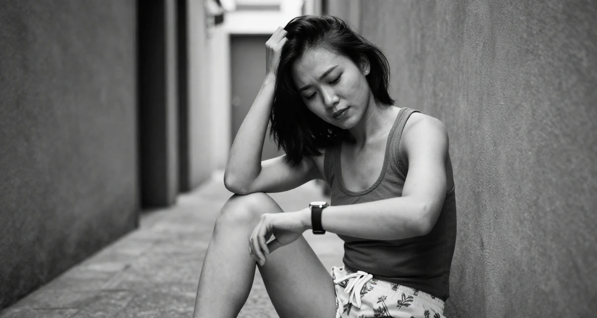 A peaceful Female Former street-dance trainee, now offering choreography-based fan content in their 23, wearing smart casual and checking a watch, wearing a fitted racerback tank and pajama shorts, scratching the head in confusion in a narrow hallway.