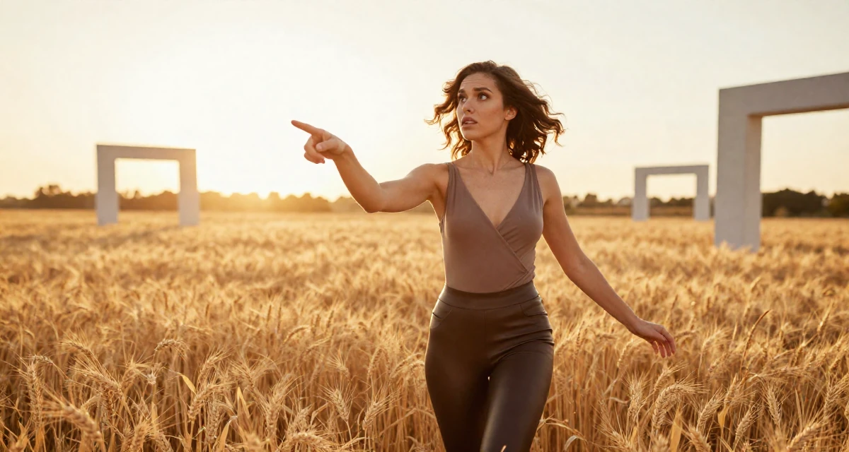 A introspective Female Previously a pastry student, now blending dessert aesthetics with lifestyle content in their 20, eyes wide with wonder and confusion, wearing a wrap-front bodysuit and leather leggings, pointing at something nearby in a golden wheat field.