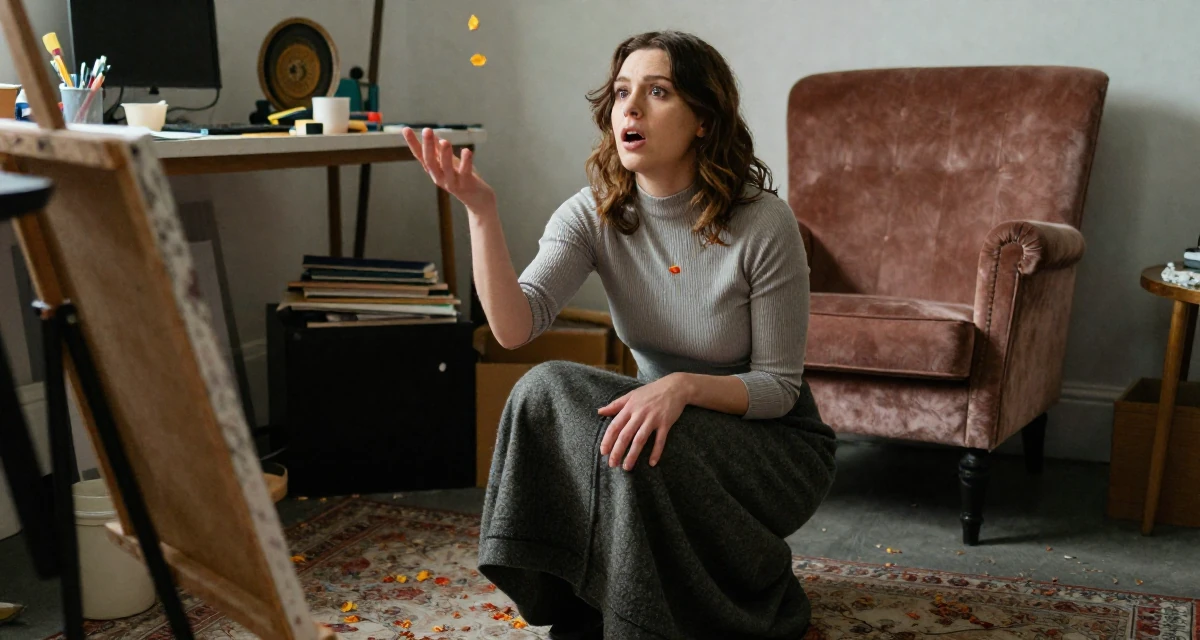 A awestruck Female From England, majored in philosophy in their 20, chasing creative dreams despite parental skepticism, wearing a ribbed mock neck top and a long wool skirt, catching a falling flower petal in a messy artist studio.