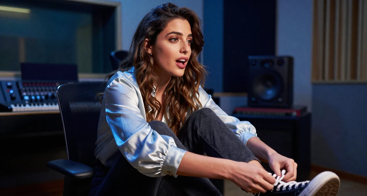 A wild Female Born in Greece, majored in content creation & storytelling in their 25, building a loyal fanbase with tasteful flirty storytelling, wearing a silk blouse with oversized cuffs, tying a shoelace in a music recording studio.