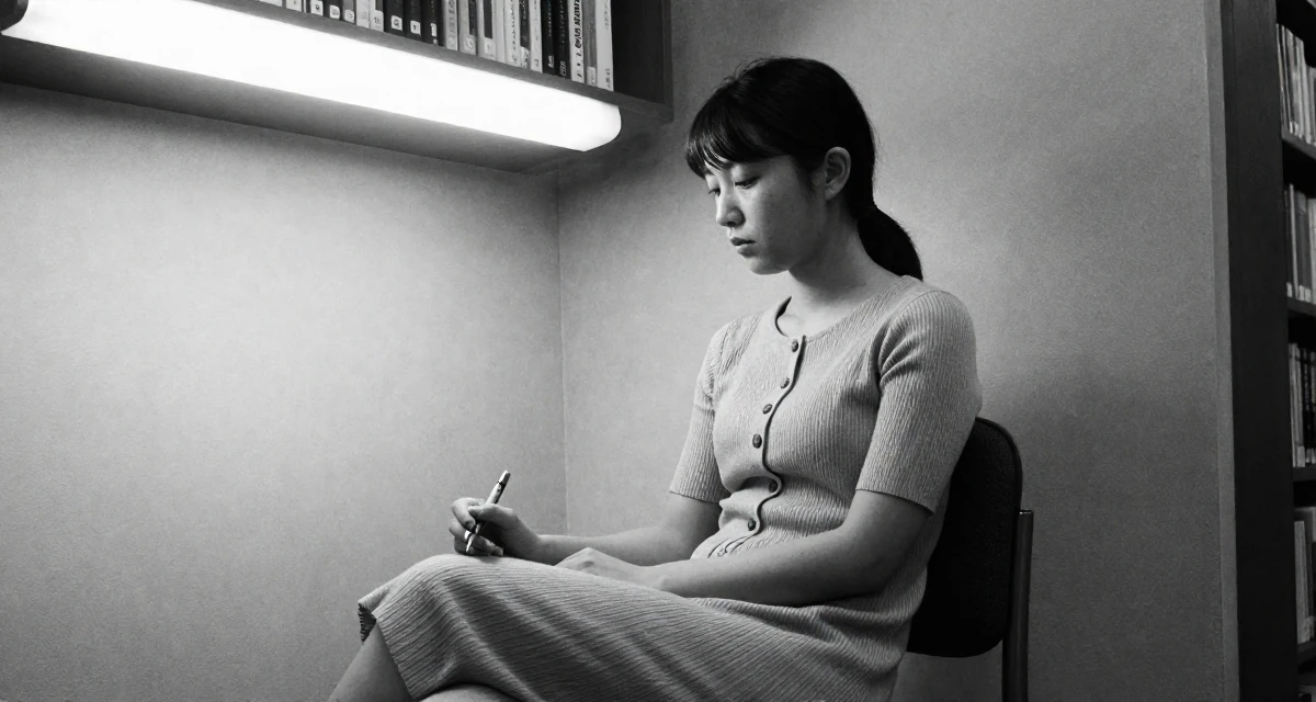 A deeply absorbed Female From Japan, studied English literature in their 22, trying to grow without losing privacy or sanity, wearing a ribbed cotton dress with buttons down the front, holding a pen in a quiet library corner.