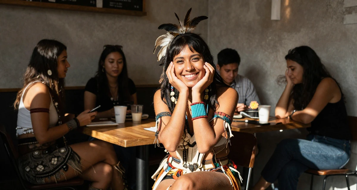 A joyful Female Once an art school dropout, now a self-taught creator with signature style in their 28, leading a small team for the first time, wearing a tribal shaman outfit with feathers and bones, holding a flower in a coffee shop corner.