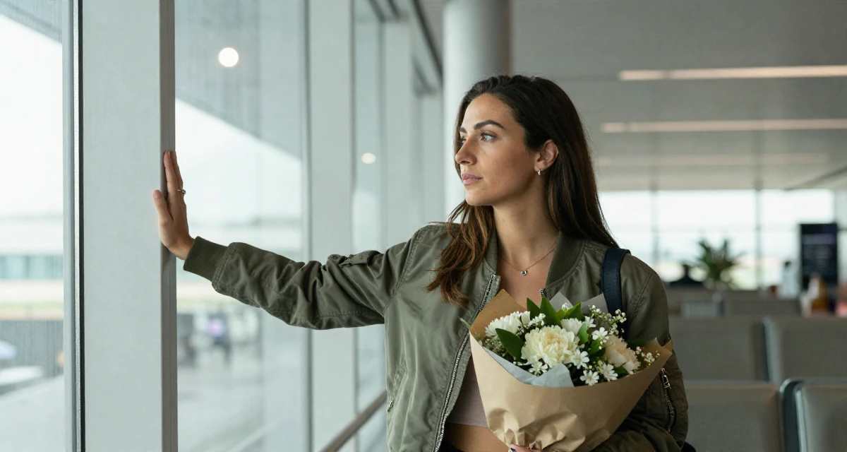 A introspective Female From Argentina, based in Rosario, graduated from a national university majoring in audiovisual production in their 28, investing in high-quality lifestyle upgrades, wearing a classic bomber jacket style, holding a bouquet in a airport departure lounge.