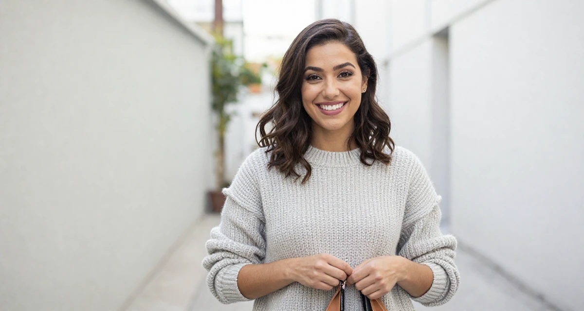 A triumphant Female Once a digital-marketing intern, now running her own creator brand in their 23, discovering how makeup transforms flirty confidence, wearing a textured wool sweater, zipping up a bag in a quiet alleyway.