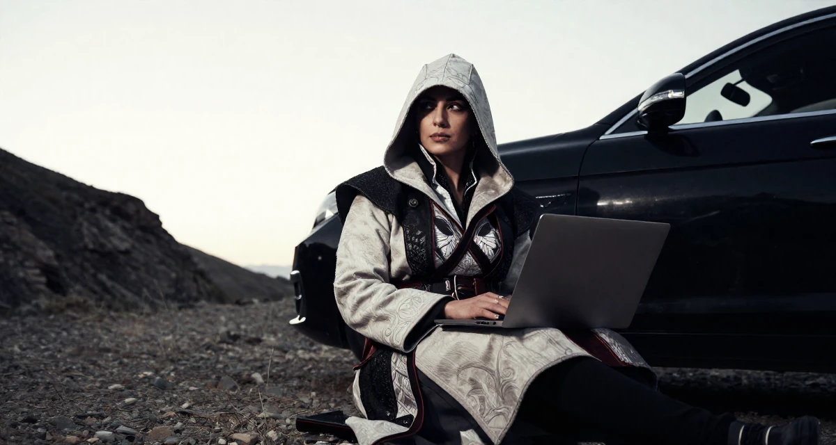 A yearning Female Born in Iran, majored in multimedia communication in their 30, prioritizing quality over quantity in friendships, wearing a assassin creed style hooded robe and tunic, holding a laptop in a mountain trail.