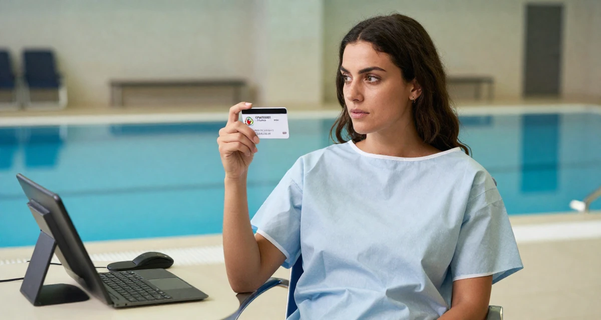 A dreamy Female From Italy, studied graphic design in their 33, considering switching careers, wearing a hospital patient gown tailored to be form-fitting, holding a subway card in a swimming pool.