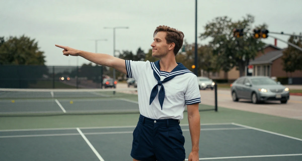 A satisfied male From Houston USA, majored in psychology in their 25, building confidence through small achievements, wearing a vintage pin-up sailor outfit with high-waisted shorts, watching traffic pass by in a tennis court.