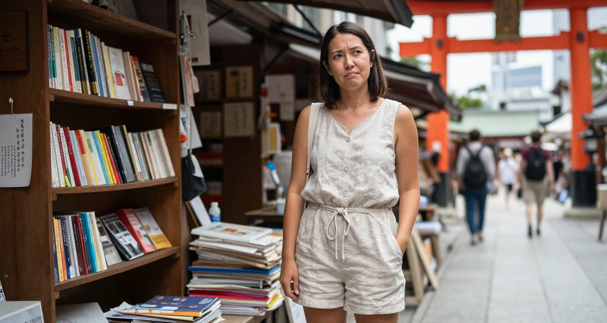 A cheeky Female From Australia, has a diploma in business administration in their 29, navigating the fear of stagnation in a saturated market, wearing a short romper made of soft linen fabric, sliding a hand into a pocket in a Japanese Shinto shrine.