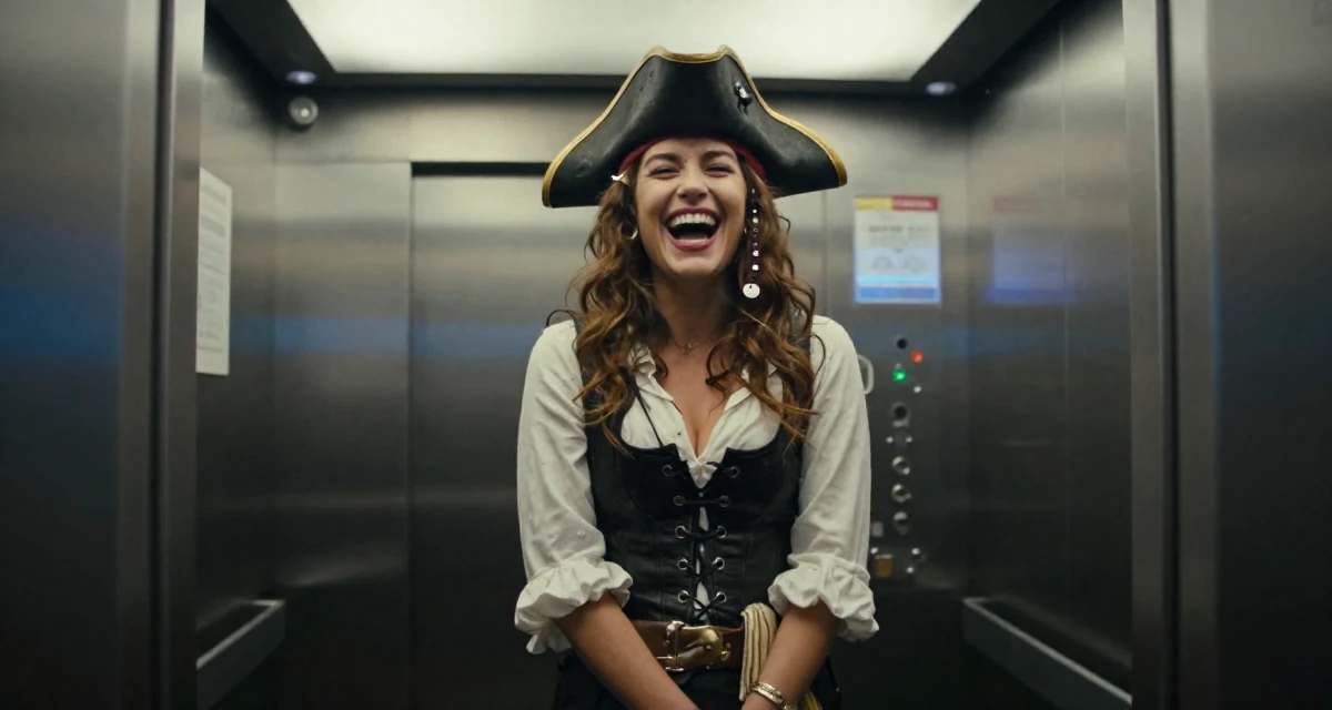 A enthusiastic Female From England, studied film and television in their 25, making peace with early awkward content, wearing a pirate captain outfit with a corset and tricorn hat, laughing uncontrollably in a corporate elevator.