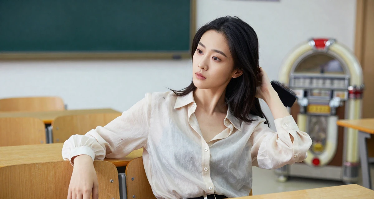 A fearless Female From Chongqing China, holds a degree in psychology in their 25, learning responsibility through small failures, wearing a lightweight chiffon blouse slightly unbuttoned, brushing hair back in a lecture hall.