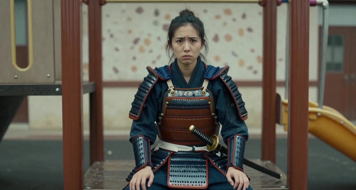 A confused Female From United States, studied civil service management in their 28, new to financial independence, wearing a samurai armor set with a katana at the waist, shivering slightly in a school playground.
