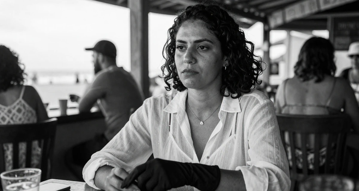 A indifferent Female Raised in Brazil, majored in multimedia arts in their 27, questioning long-term sustainability of creator life, wearing a sheer white blouse with a delicate camisole underneath, removing a glove in a beach bar.